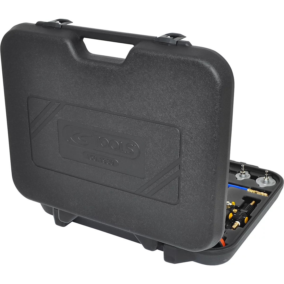 Schwarzer Werkzeugkoffer, geöffnet. Enthält diverse Werkzeuge, darunter Anschlussstücke.